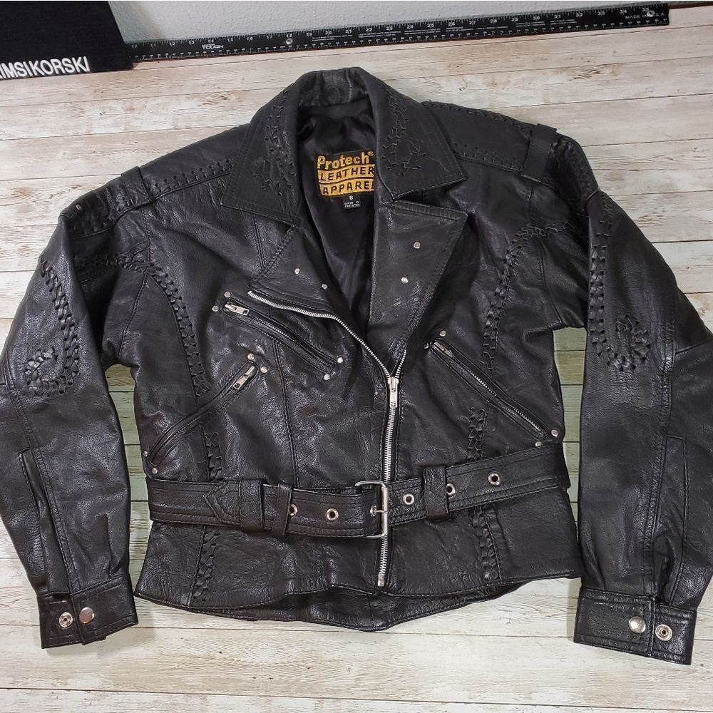 Vintage Leather Protech Cropped Laced Braided Woven Studded Biker Moto Jacket‎ 8